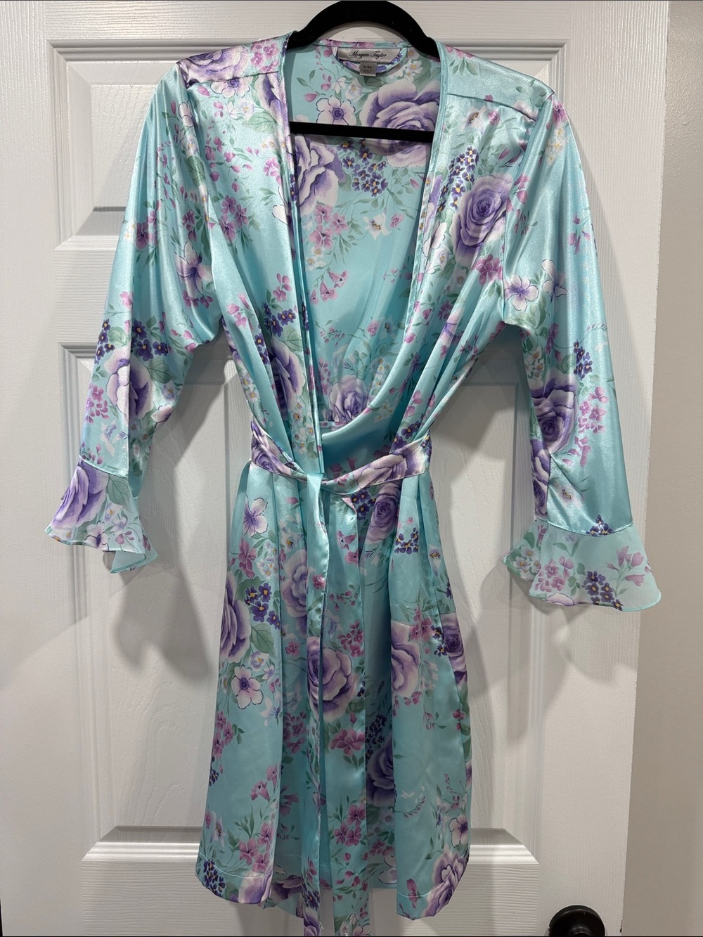 Morgan Taylor Aqua Satin Robe with Lavender Floral Print